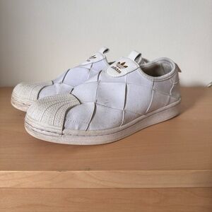 adidas White Quilted Slip-On Shell Toe Sneakers with Gold Logo